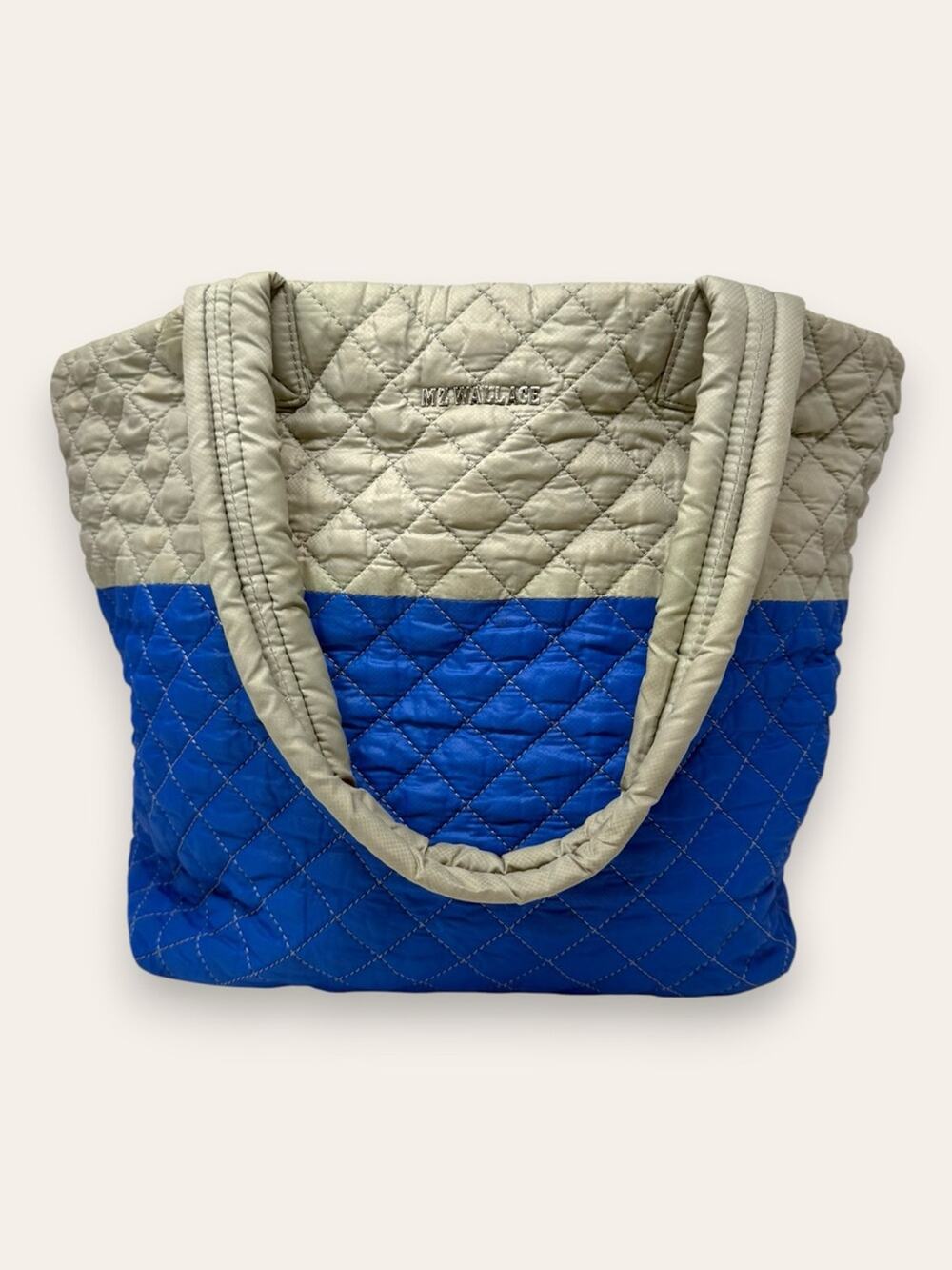 MZ Wallace Metro Quilted Travel Tote Bag Zippered Beige Blue Women’s